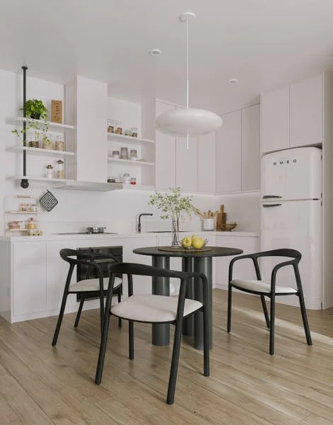 Khu bếp - ăn thông minh với tủ trắng tối giản, tủ lạnh SMEG retro và bàn ăn đen hiện đại. Thiết kế tối ưu cho mọi nhu cầu sử dụng.