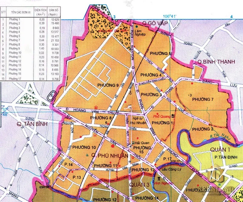Bản đồ quy hoạch chi tiết với thông tin diện tích và dân số từng phường