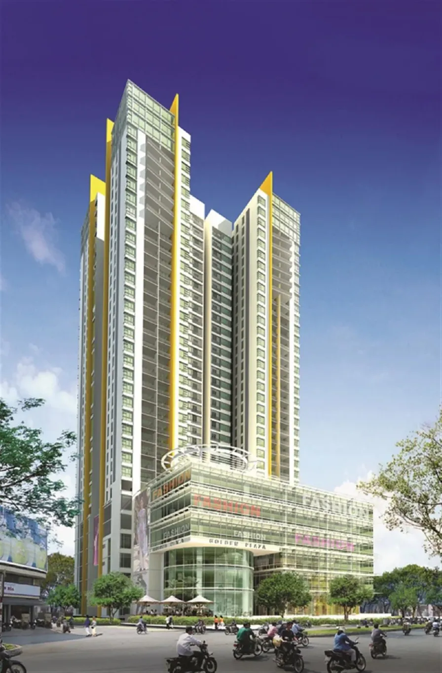 Phối cảnh Golden Plaza - dự án trung tâm thương mại kết hợp căn hộ cao cấp của Cinco với thiết kế hiện đại, ốp kính sang trọng