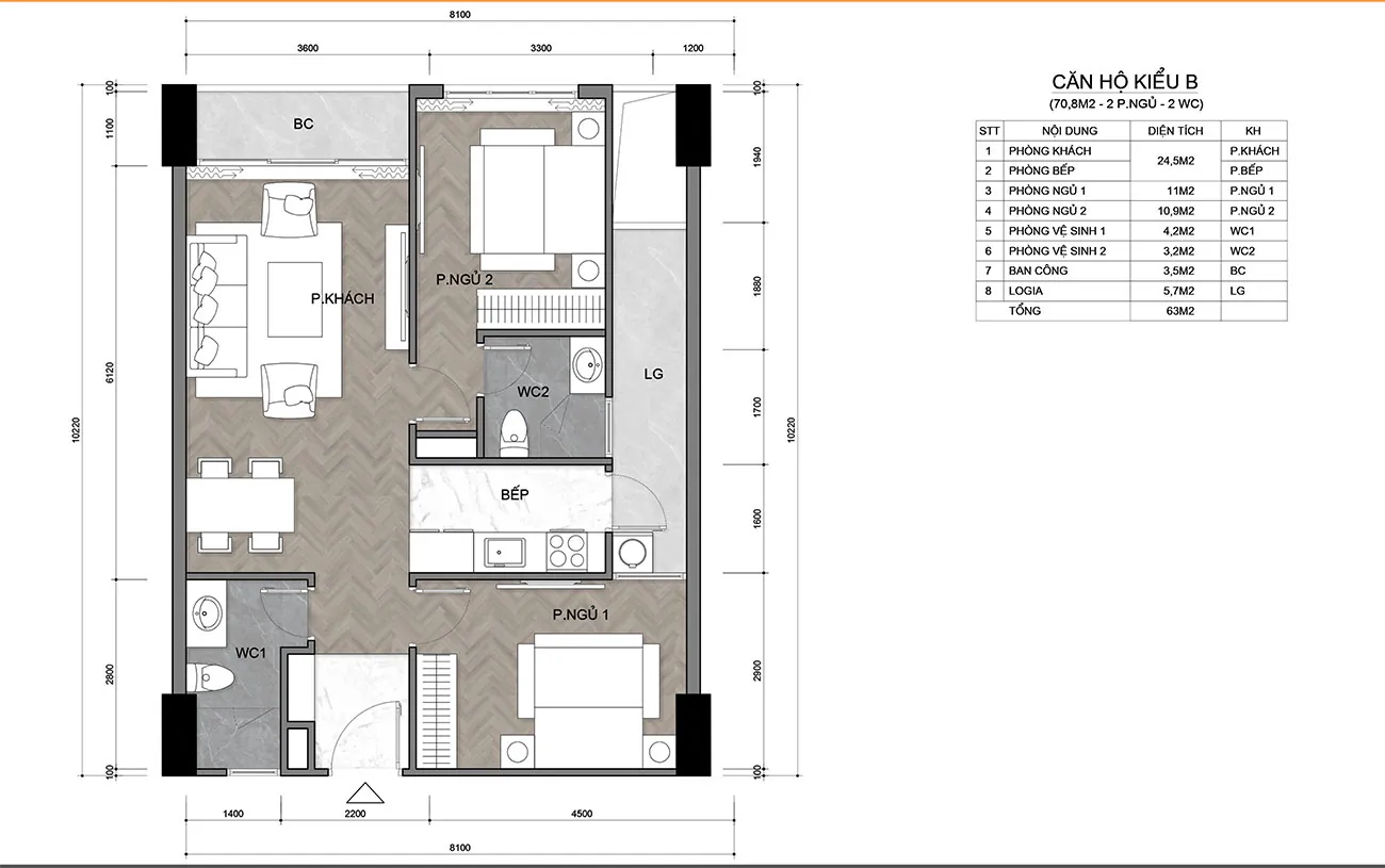 2 PHÒNG NGỦ 70m<sup>2</sup>