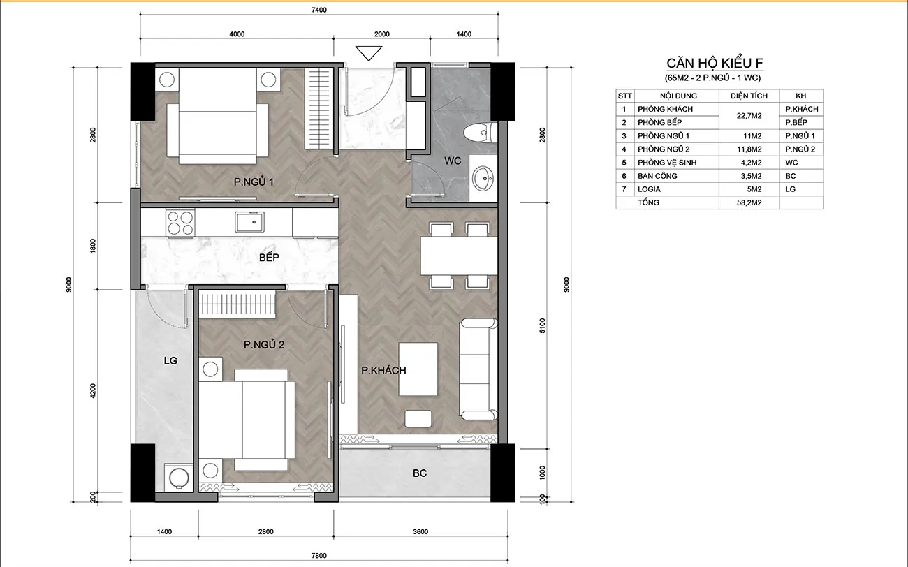 2 PHÒNG NGỦ 65m<sup>2</sup>