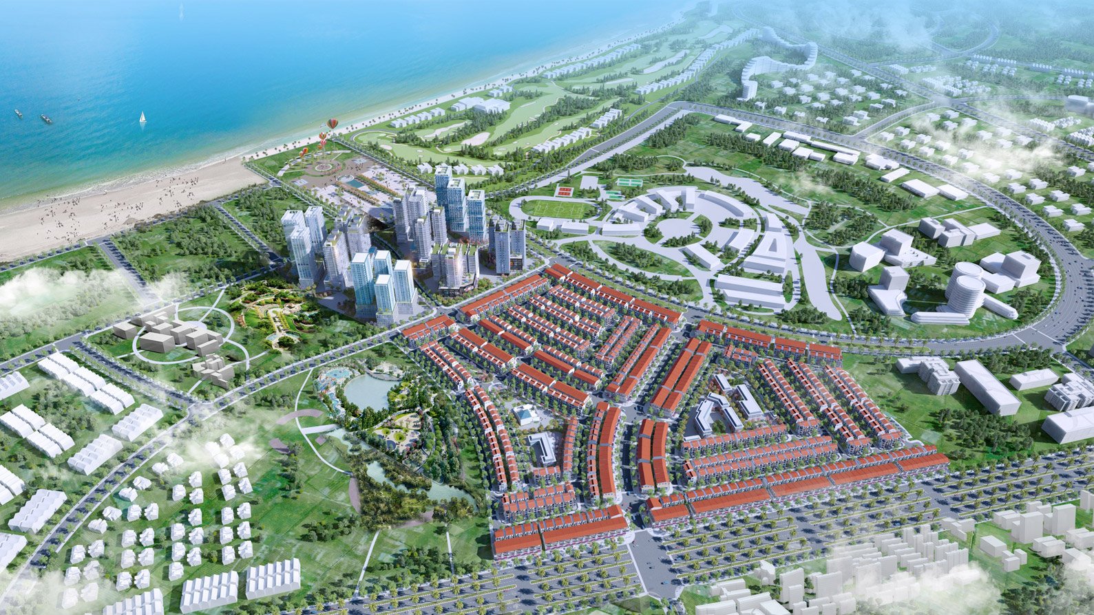 Phối cảnh tổng thể dự án ven biển với khu đô thị và cao ốc