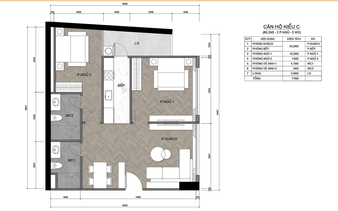 2 PHÒNG NGỦ 80m<sup>2</sup>