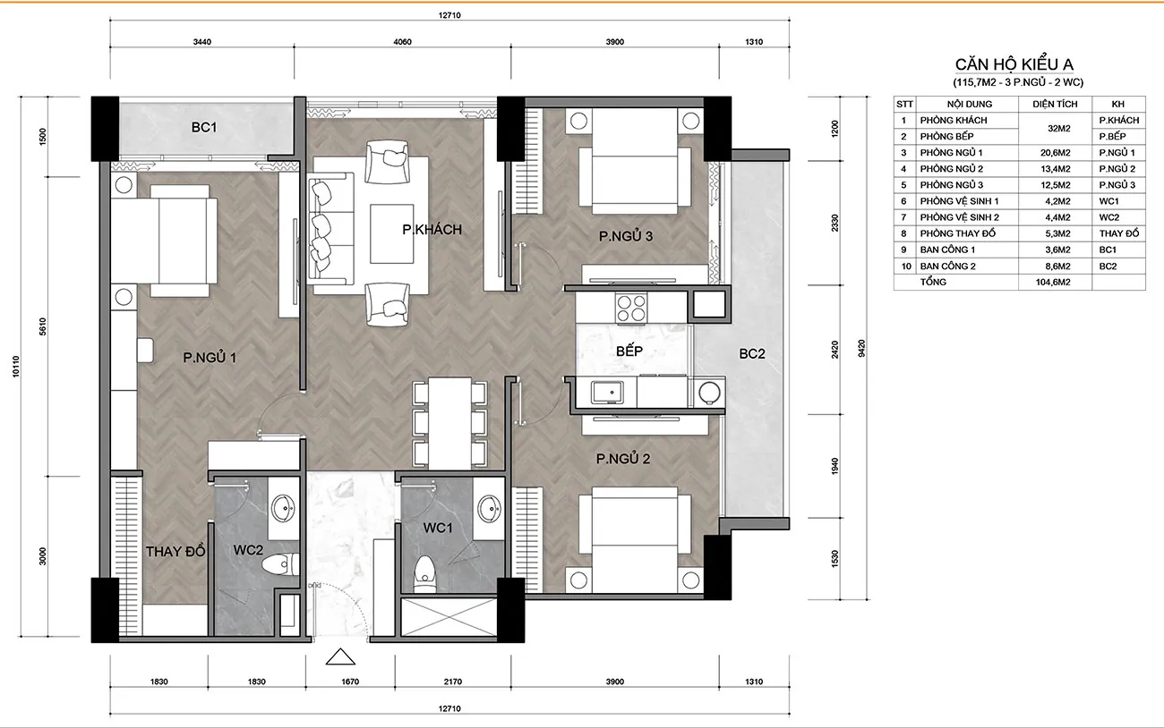 3 PHÒNG NGỦ 115m<sup>2</sup>