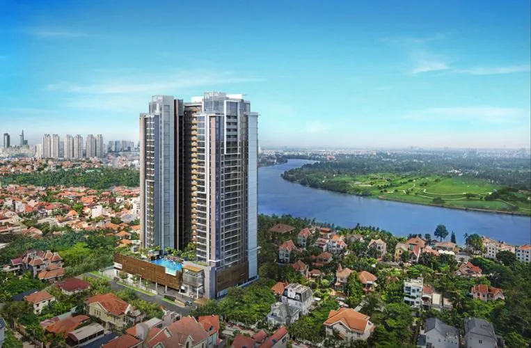 Mô tả phối cảnh tổng thể của dự án, nhấn mạnh vị trí đắc địa ven sông và view panorama đẹp mắt.