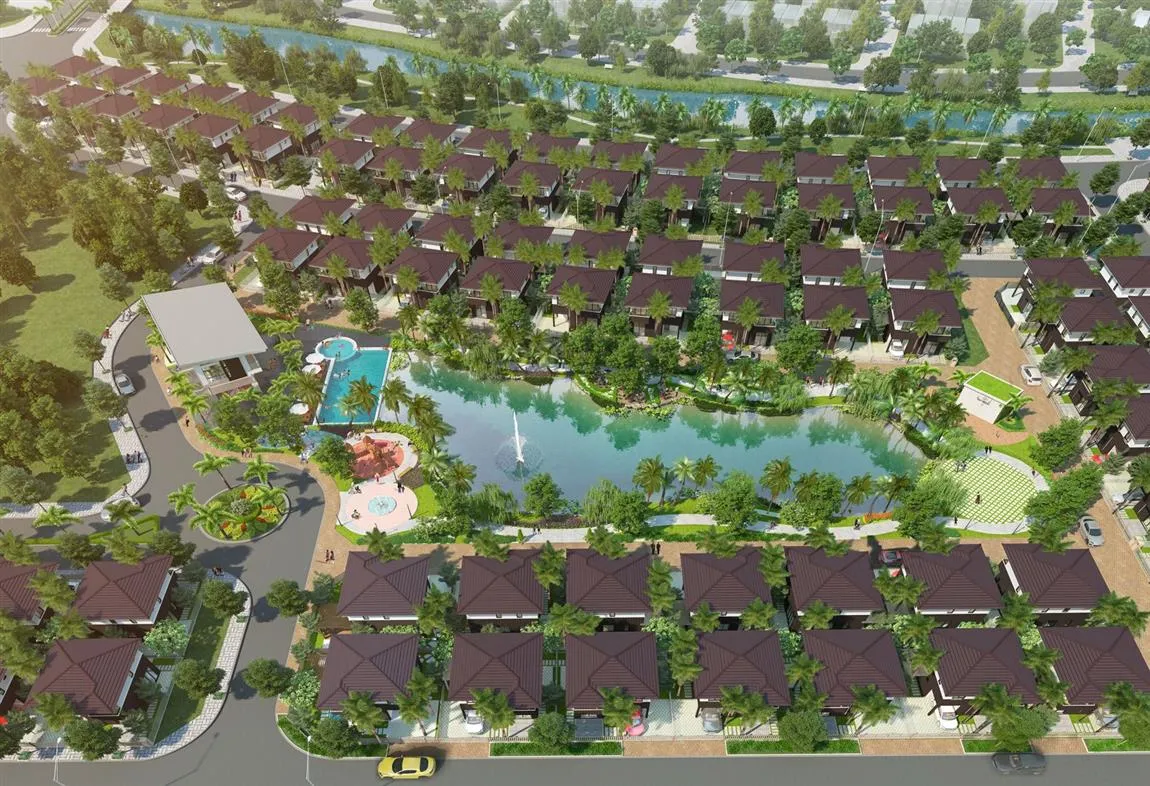 Mô tả phối cảnh tổng thể với hồ cảnh quan và bố trí biệt thự