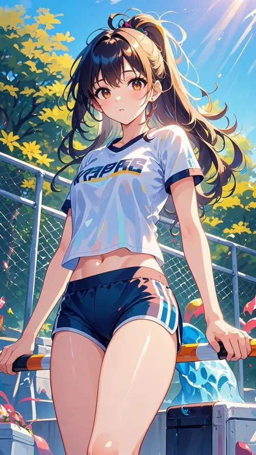 Gái xinh anime tóc nâu dài mặc áo croptop xanh dương và quần short đứng tựa hàng rào gỗ ngoài trời, tay chống hông mỉm cười tươi dưới nắng vàng.