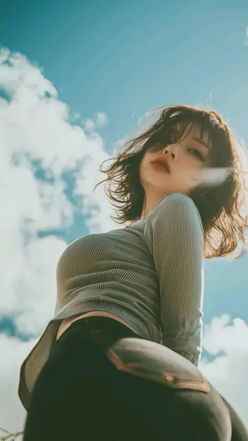 Ảnh avt Facebook cô gái ngước nhìn bầu trời cao rộng, nắng nhẹ vờn lên mái tóc ngắn và áo thun gân xanh nhạt làm nổi bật vị trí trung tâm thật trong trẻo cho trang cá nhân.