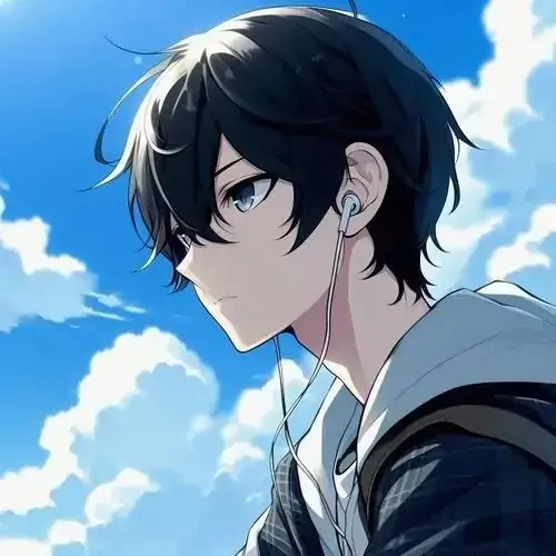 Chàng trai tóc đen xoăn nhìn nghiêng về bầu trời xanh mặc áo hoodie đen tai nghe trắng lơ đãng giữa nắng chiều.