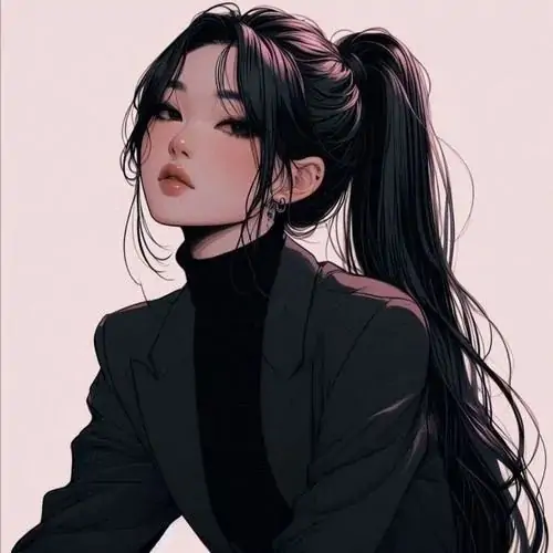 Ảnh avt Facebook cô gái anime tóc đen buộc cao quay lưng nhìn lại, áo cổ lọ đen ôm dáng, nền hồng nhạt, nét mềm mại kèm bố cục sát vai