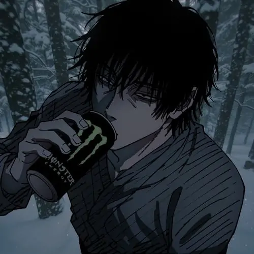 Tải ảnh avatar chàng trai anime tóc đen cầm lon nước giữa màn đêm lạnh lẽo với ánh mắt lờ đờ vì thiếu ngủ khiến gương mặt hiện rõ vẻ u sầu lặng lẽ.