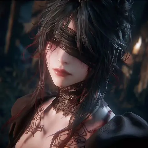 Ảnh avt Facebook cô gái anime tóc đen rối che nửa mặt, môi đỏ khép chặt, nền tối mờ, ánh nhìn lạnh với tương phản cao ôm sát khung hình