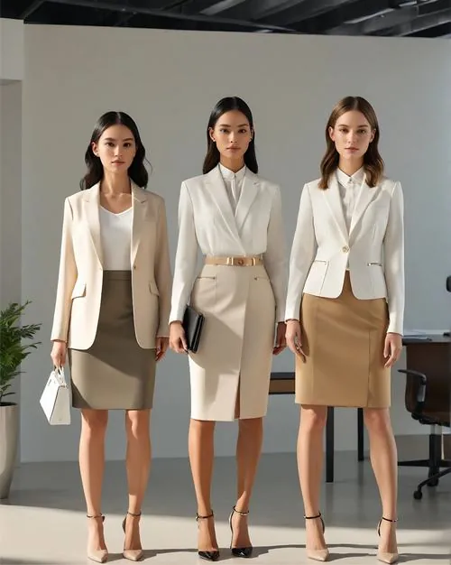 Ảnh branding cao cấp cho thấy nhóm nữ nhân viên mặc blazer kem phối chân váy be đồng bộ, tổng thể trang nhã và sang trọng đúng chuẩn doanh nghiệp địa ốc premium