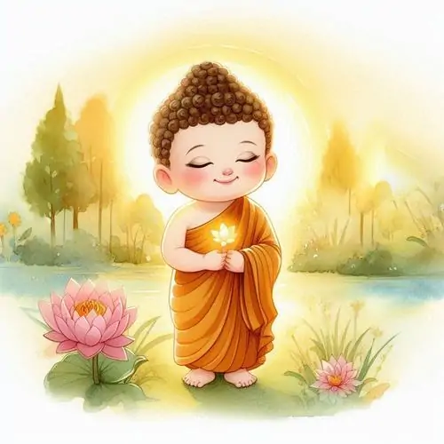Ảnh avt Facebook chú tiểu Phật đứng giữa vầng sáng vàng tươi, tay nâng đóa hoa nhỏ cạnh đài sen khiến khung hình thêm phần rạng rỡ và tràn đầy ánh sáng trí tuệ.