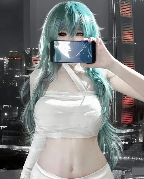 Gái xinh tóc xanh mint mặc crop top trắng đang cầm điện thoại selfie trước gương với nụ cười tươi và body săn chắc được tôn lên rõ nét.