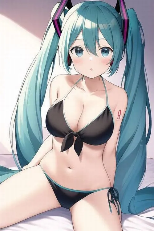 Gái xinh tóc xanh mint mặc bikini đen ngồi vắt chân đôi mắt to long lanh nhìn thẳng với nụ cười nhẹ.