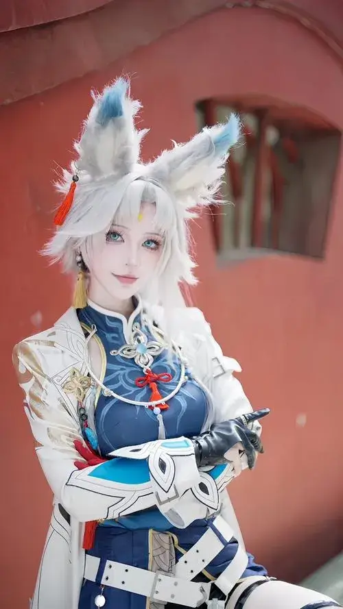 Nữ cosplayer tóc trắng tai thú mặc trang phục xanh trắng, đứng trước nền cam nhạt với nụ cười nhỏ và khuôn mặt bắt ảnh.