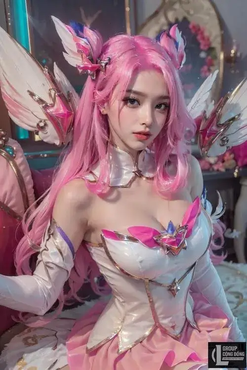 Nữ cosplayer tóc hồng tạo dáng trong trang phục áo giáp trắng hồng, lớp trang điểm nổi bật đôi mắt và thần thái cuốn hút.