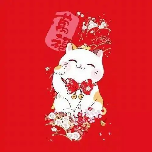 Ảnh avt Facebook chú mèo trắng ngồi giữa phông đỏ rực rỡ, tay cầm đồng xu vàng to bản mang lại cảm giác thịnh vượng vô cùng hoan hỉ