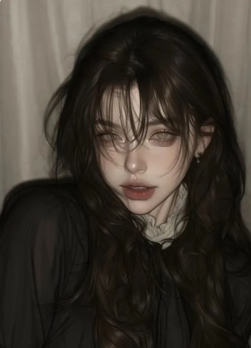 Gái xinh với mái tóc đen dài rối nhẹ che một bên mắt, ánh nhìn mơ màng và cổ áo ren trắng mỏng trong bức chân dung nghệ thuật đầy mê hoặc.