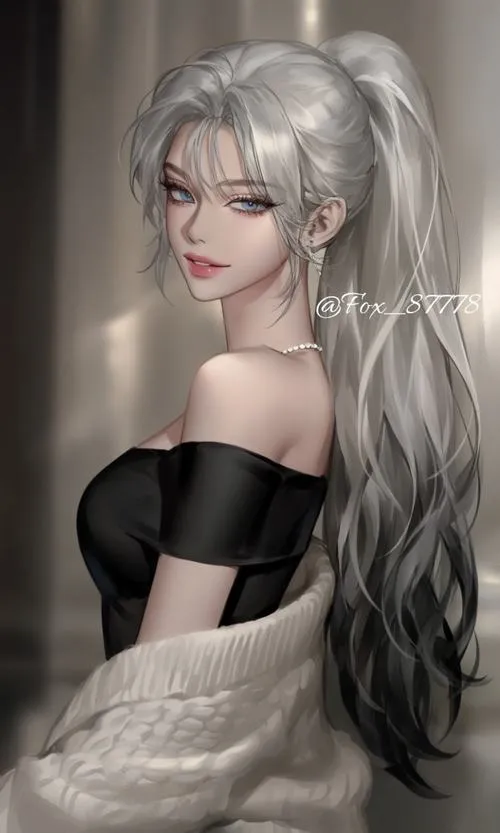 Gái xinh tóc trắng dài vai trần mặc áo đen hở một bên nghiêng đầu nhìn xa với môi đỏ nổi bật trên nền tối tinh khôi.