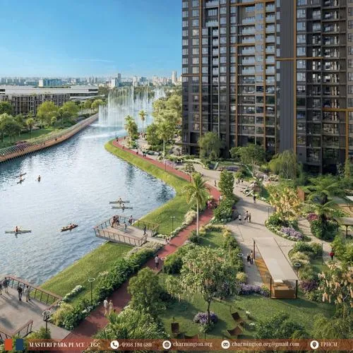 Góc máy dọc theo bờ sông cho thấy hàng cây và lối đi trải dài, phía xa là tòa nhà cao tầng phản chiếu ánh sáng, không gian thoáng đãng kiểu công viên Tân Cảng luxury