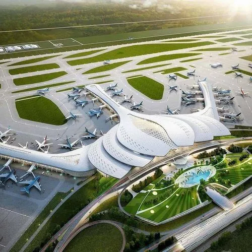 Ảnh sân bay góc flycam nhìn nghiêng cho thấy nhà ga hình hoa sen trắng mở rộng giữa mảng xanh và đường băng, cảnh cảng hàng không quốc tế Long Thành trông rất sang trọng giữa nắng sớm