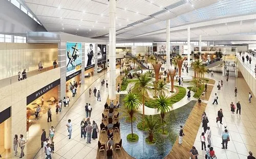 Ảnh nội thất sân bay mô phỏng không gian bên trong với trần cao, ánh sáng tự nhiên tràn vào qua kính lớn, khu sảnh cảng hàng không quốc tế Long Thành mang nét sang trọng và thoáng