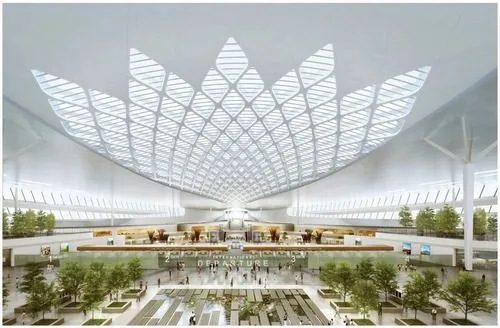 Ảnh đại công trường nhìn toàn cảnh với nhiều hạng mục đang thi công song song, xe máy hoạt động liên tục tạo nên không khí nhộn nhịp của cửa ngõ bầu trời Long Thành