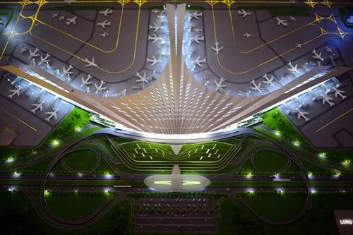 Ảnh quy hoạch tổng thể cho thấy khu nhà ga trung tâm kết nối các nhánh đường băng, bố cục của công trình hàng không Long Thành rất cân đối và dễ hình dung