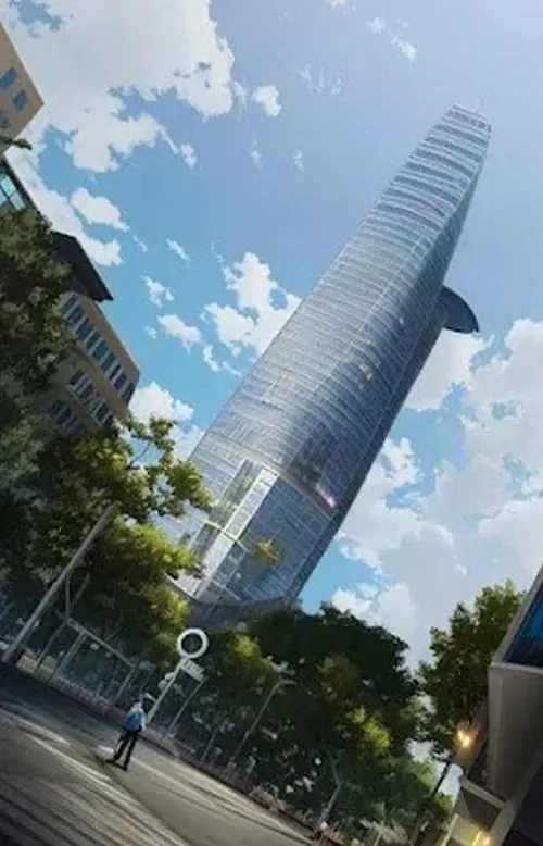 Khung hình có người đi bộ phía trước, tòa tháp phía sau làm nền giúp tạo tỷ lệ và làm nổi bật độ cao của công trình