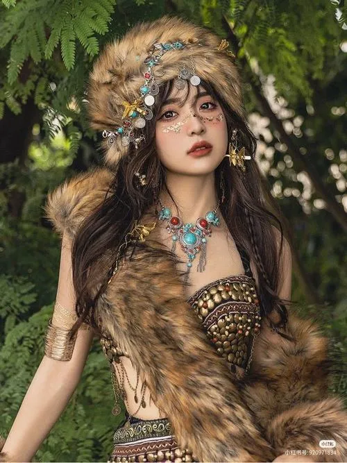 Gái xinh mặc áo lông nâu bó sát vai trần đeo vòng cổ bạc lớn mỉm cười nhẹ giữa rừng cây xanh, mái tóc dài buông xõa cùng phụ kiện lấp lánh.