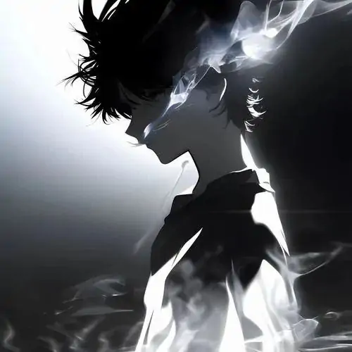 Ảnh avt Facebook nam nhân vật anime với mái tóc đen bù xù đang đứng lặng giữa làn khói mờ ảo, gương mặt cúi thấp để lộ đường xương hàm góc cạnh trông cực kỳ ấn tượng.