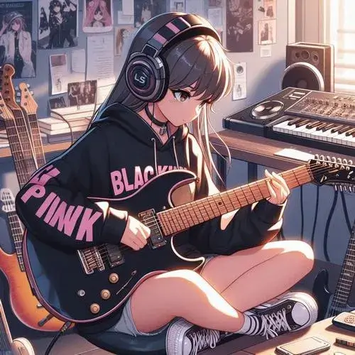 Bạn nữ ôm đàn guitar ngồi thả lỏng trên sàn phòng ngủ ấm áp, cặp tai nghe chụp tai giúp cô chìm đắm hoàn toàn vào giai điệu tự sáng tác.