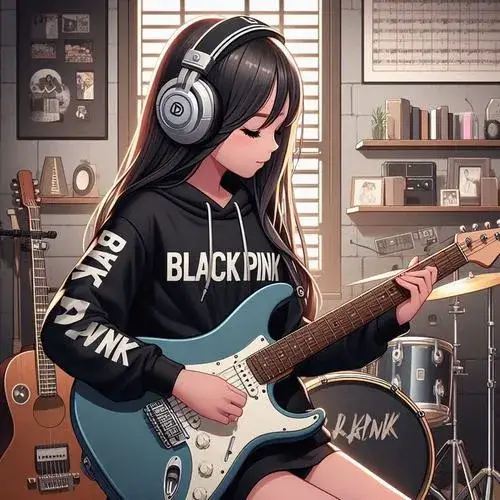 Bức ảnh con gái mặc áo đen đang tập trung gảy phím đàn guitar điện, góc phòng làm việc ngập tràn nhạc cụ và thiết bị âm thanh chuyên nghiệp.