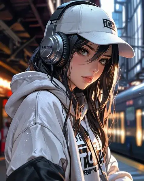 Cô gái đội mũ lưỡi trai trắng mặc áo khoác xám đứng bên hiên nhà lúc trời mưa, chiếc tai nghe lớn ôm khít hai tai tạo cảm giác bình yên ấm áp.