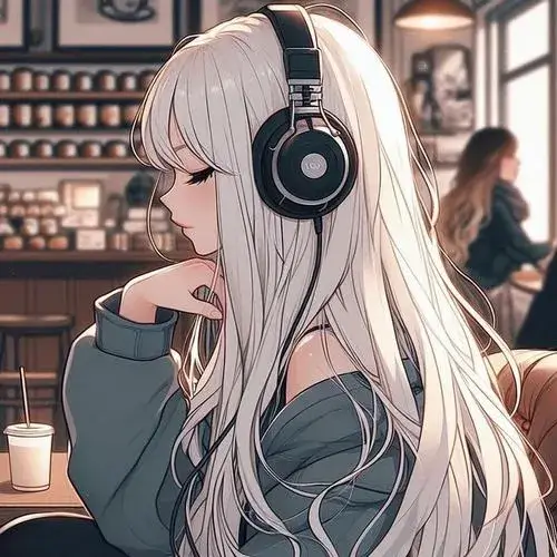 Ảnh đại diện bạn nữ tóc trắng đứng bên cửa sổ quán cà phê lãng mạn, ánh đèn vàng ấm áp chiếu rọi góc mặt nghiêng đang chìm vào mộng mơ.