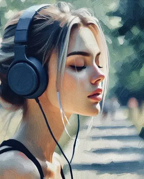 Hình ảnh con gái đeo tai nghe xanh cận cảnh góc nghiêng thanh thoát, đôi mắt khẽ nhắm lại như đang bật âm lượng để tận hưởng bài hát yêu thích.