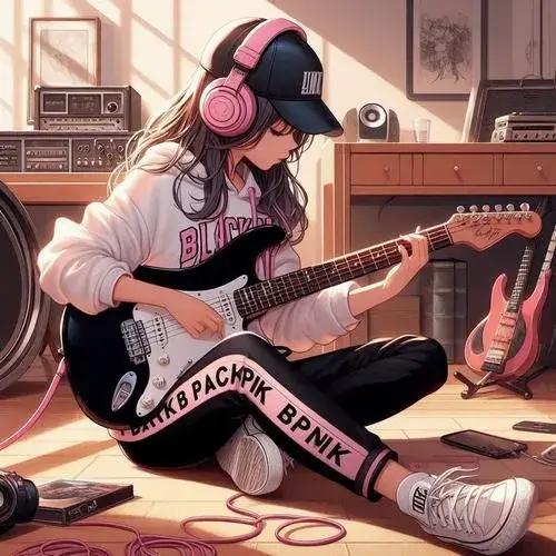 Bạn nữ đội mũ len ôm cây đàn gỗ mộc mạc trong phòng khách, ánh nắng chiều rọi qua rèm cửa tạo nên bức tranh bình dị và nhẹ nhàng.