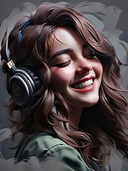 Nụ cười rạng rỡ của cô gái có mái tóc nâu dài khi đeo tai nghe, biểu cảm hạnh phúc và tràn đầy năng lượng tích cực lan tỏa khắp khung hình.