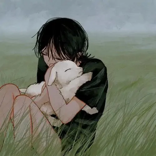 Ảnh avt Facebook là cô gái anime tóc đen ôm chặt chú mèo trắng giữa đồng cỏ xanh, gương mặt vùi sâu thể hiện nỗi buồn mênh mông rất chua xót.