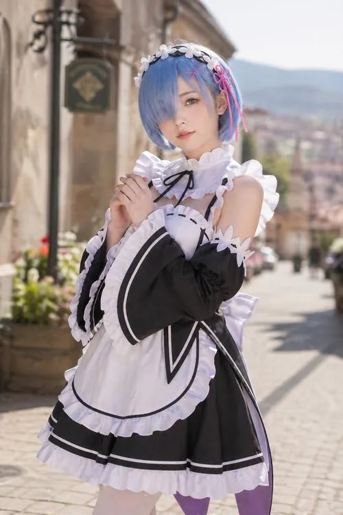 Ảnh chụp mô hình waifu Rem trên bàn gaming, ánh màn hình tím xanh phản chiếu lên mái tóc và bộ váy hầu gái.