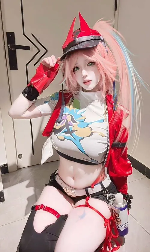 Ảnh Cosplay Honkai Star Rail với người mẫu tóc hồng mặc áo trắng đỏ, góc chụp cận người làm rõ họa tiết trang phục.