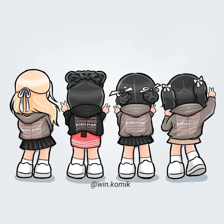 Ảnh avt Facebook bốn cô nàng chibi tóc đen và nâu hạt dẻ nhìn từ phía sau với áo phông năng động tạo nên vẻ nhí nhảnh cho Hình đại diện hội bạn 4 người đầy tình cảm.