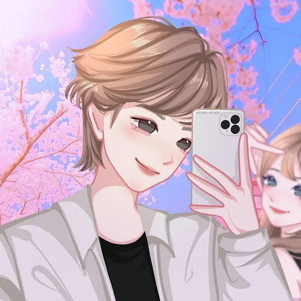 Hình nền cặp anime chàng trai tóc nâu ngậm kẹo mút tự sướng qua gương điện thoại, hiệu ứng ánh sáng góc khuất lấp lánh cánh hoa đào phía sau.