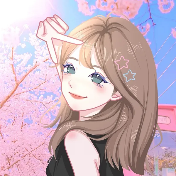Bức ảnh đôi anime cắt cô gái tóc nâu mỉm cười quay đầu tinh nghịch, những ngón tay tạo dáng chữ v đối xứng hoàn hảo với khung hình bên trái.