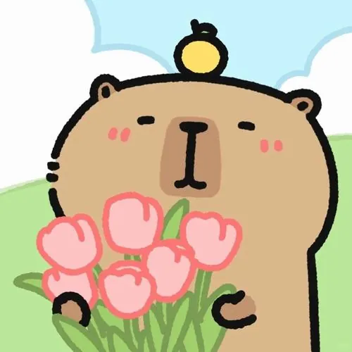 Gặm nhấm khổng lồ ôm một bó hoa tulip màu hồng thắm bằng hai tay với ánh nhìn vô định xa xăm