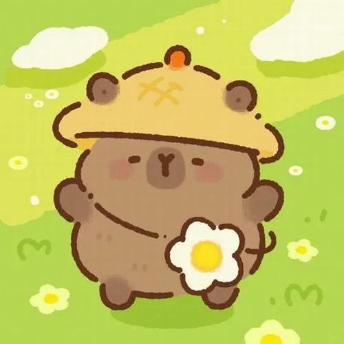 Chuột bự đội mũ chiếc bánh kem màu vàng đang đứng giơ một bông hoa trắng nhỏ giữa đồng cỏ xanh