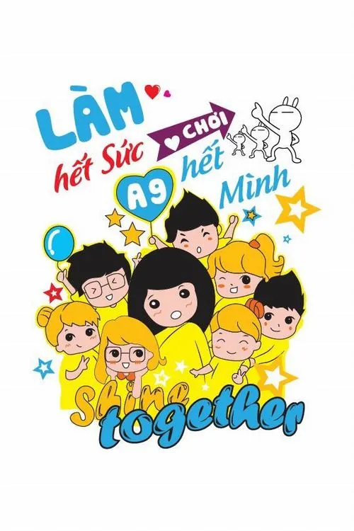 Nhóm học sinh chibi đứng cạnh thầy giáo trên nền xanh dương, chữ A9 nổi bật gợi tinh thần lớp học đoàn kết.