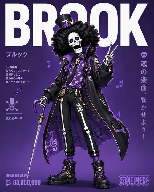 Mẫu tem sưu tầm ghi tên Big Mom phía góc, Brook nép sau khung bánh ngọt với vẻ mặt tinh quái.